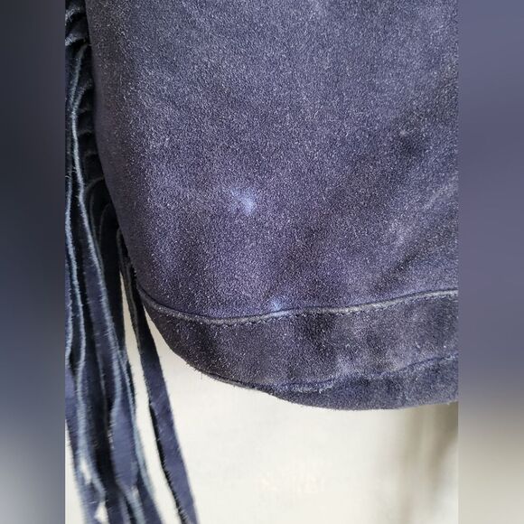 Ecote Blue Suede Side Fringe Cow Leather Bucket Sling Bag - Picture 3 of 15